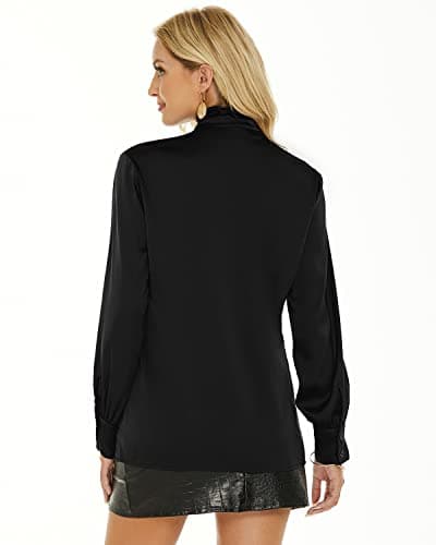 Women's Satin Blouse Bow Tie Neck Long Sleeve Button Down Shirt Casual Office Blouse Top (Black, X-Large) - Thumbnail 6
