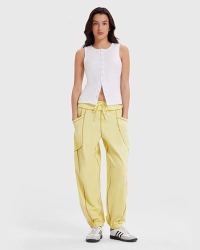 MOOSLOVER Women Baggy Jogger Pants Drawstring Mid Waist Athletic Casual Pant Comfy Cotton Lightweight Sweatpants(M,Yellow) - Thumbnail 3