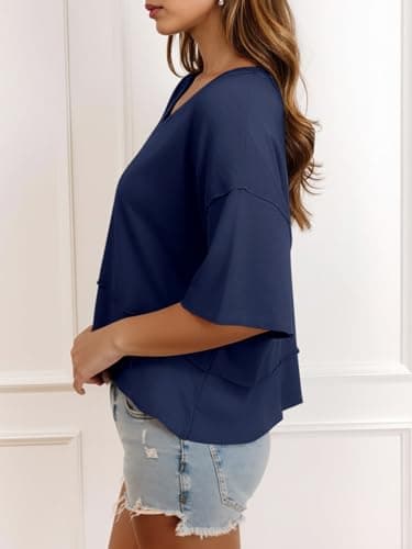 Cicy Bell Womens Oversized Crop T-Shirts Summer V Neck Short Sleeve Tops Casual Loose Fit Curved Hem Boxy Tee Shirt Navy - Thumbnail 3