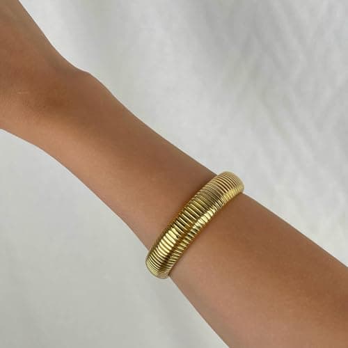 Poaiiu Gold Bracelets for Women 14K Gold Plated Stretch 14mm Snake Chain Bangle Cuff Bracelet Gold Jewelry Gifts for Women - Thumbnail 2