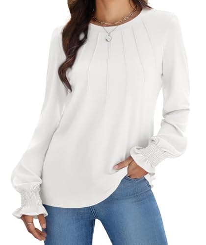 Funlingo Long Sleeve Tops for Women Trendy Fall Shirts Crew Neck Pleated Ruffle Dress Shirt Loose Fit Tunic Blouse Business Casual Outfits White 2XL - Image 1