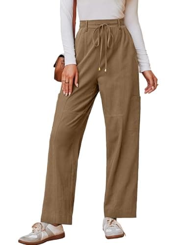 Dokotoo Linen Pants Women High Waisted Drawstring Stretch Pants Casual Loose Outdoor Travel Trousers Elastic Waistband with 4 Pockets Khaki - Image 1