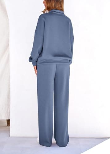 Lazysmile 2 Piece Sets For Women Lapel Half Zip Sweatshirt and Wide Leg Long Pants Sweatsuit Lounge Sets Workout Sets - Thumbnail 2
