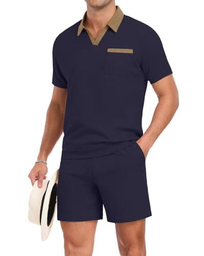 PrinStory Men's Summer Track Suits Waffle Knit Polo Shirt and Shorts Set Casual 2 Pieces Outfits with Pockets Navy Blue-S - Image 1