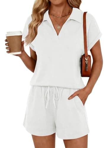 Yousify 2 Piece Sets for Women Cap Sleeve V Neck Lapel Tops and Drawstring Shorts Summer Casual Outfits Loungewear 2026 - Image 1