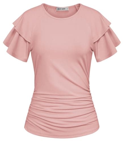 GRACE KARIN Summer Tops for Women Dressy Casual, Ruffle Short Sleeve Work Shirt, 2026 Spring Blouses Light Pink Large - Image 1