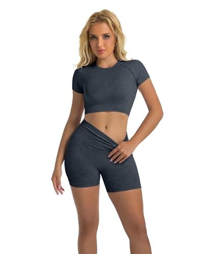 YOAKUKA Women's 4 Piece Workout Sets Seamless Acid Wash Yoga Outfits with Short Sleeve Top Sports Bra Biker Shorts High Waist Leggings Active Set - Thumbnail 6