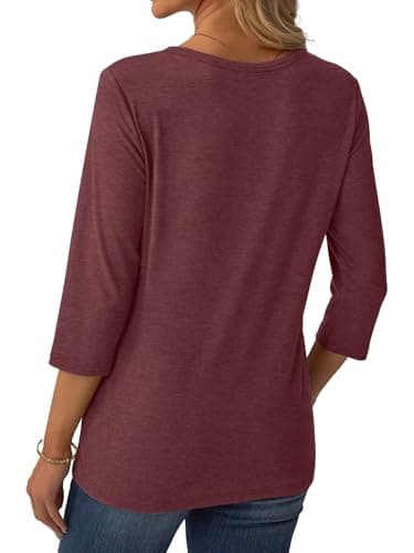 GKBK 3/4 Sleeve Womens Tops Fall Clothes Henley Casual Spring Summer Lightweight Basic Tunic Shirts Wine Red - Thumbnail 5
