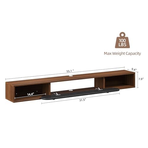 Furninova Floating TV Stand,Wall Mounted Entertainment Center for 65 Inch TV,Plywood Floating Media Console with 1 Flip Down Door & Cable Management,Modern Space Saving TV Shelf,55 Inch,Walnut & Black - Thumbnail 6