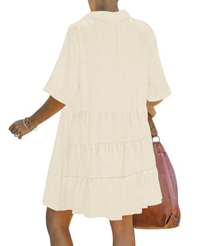 PYGFEMR Women's Summer Dress 2026 Short Sleeve Babydoll Tiered Button Down T Shirts Dresses with Pockets, Light Apricot M - Thumbnail 2