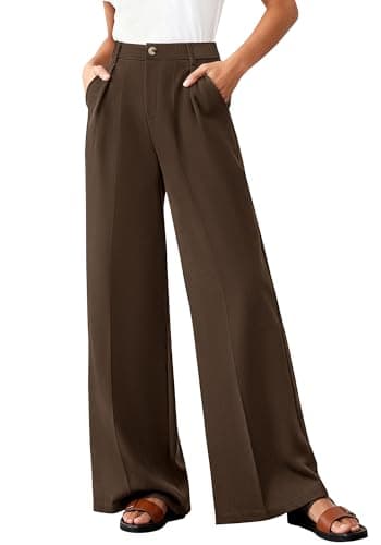 BTFBM Wide Leg Pants Woman 2026 High Waisted Button Business Casual Dressy Trousers Office Work Palazzo Pants Pockets(Brown, X-Large) - Image 1