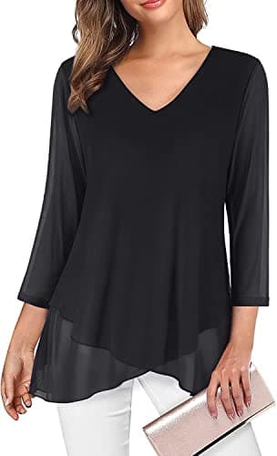 SeSe Code Womens 3/4 Length Sleeve Tops, Elegant Top Dressy Casual Summer For Evening Wear Classy Flattering Shirts To Hide Tummy V Neck Lightweight Holiday Party Shirt Black Large - Image 1