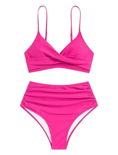 ZAFUL Women High Waisted Bikini Sets Pink Two Piece Swimsuit 2 Piece Push Up Twist Front Ruched Bathing Suit Hot Pink S - Thumbnail 4