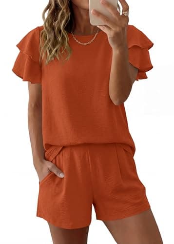 KIRUNDO Two Piece Short Sets For Women 2026 Spring Summer Ruffle Short Sleeve Top Elastic Waist Pants Travel Beach Lounge Set(Brown Orange, Medium) - Image 1
