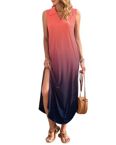 WNEEDU Summer Dresses for Women 2025 Casual V-Neck Sleeveless Long Dress Split Maxi Beach Sundresses Travel Vacation Outfits,OG BK Gradient M - Thumbnail 2