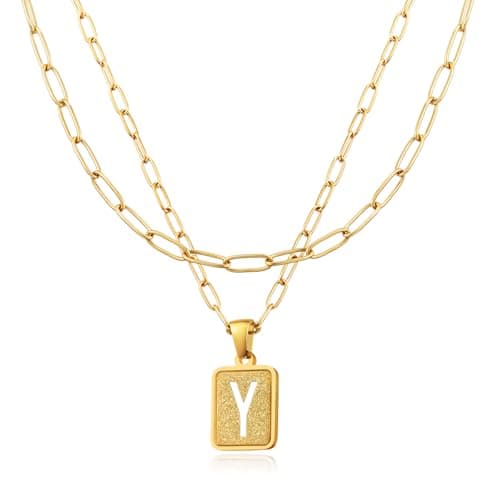 LETFLY Initial Gold Necklaces for Women, 18K Gold Plated Letter Layering Necklace Square Shaped Pendant with Adjustable Paperclip Chain for Womens Jewelry Gifts Alphabets Y - Image 1