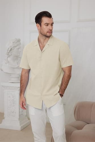 JEKAOYI Mens Casual Cotton Linen Button Down Short Sleeve Shirts Summer Cuban Camp Beach Shirts Vacation Wedding Shirt Beige - Thumbnail 3