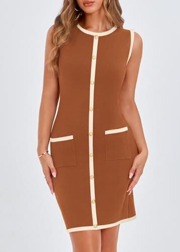 KIRUNDO Women's Work Business Casual Dress 2026 Summer Cocktail Semi Formal Office Elegant Classy Knit Color Block Dresses(Caramel, Small) - Thumbnail 5