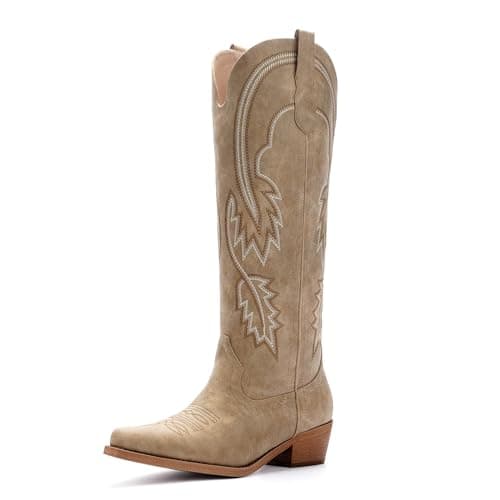 QIY Tan Cowboy Boots for Women Embroidered Nude Pointed Toe Slip on Cow Girl Classic Block Heel Nashville Knee High Western Cowgirl Boots Size 7 - Image 1