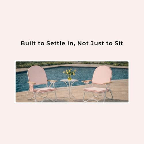 DEER LAND Padded Low Beach Chair, 4-Position Folding Outdoor Chair with Wooden Armrests, Cushioned Seat, Storage Pouch & Carry Strap for Beach, Patio and Lawn, Harbour Rosé Pink - Thumbnail 4