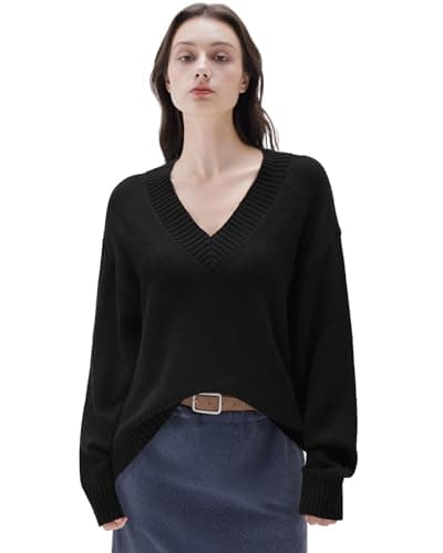 SUUKSESS Women Cashmere Oversized Sweaters V Neck Pullover Tops Fall Winter Long Sleeve Jumpers (Jet Black,L)