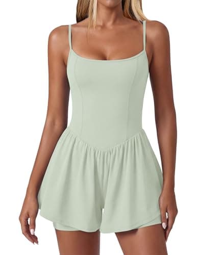 Ekouaer Womens Summer Sleeveless Workout Rompers Athletic Jumpsuit Double Lined Shorts One Piece Gym Yoga Clothes Light Green - Image 1