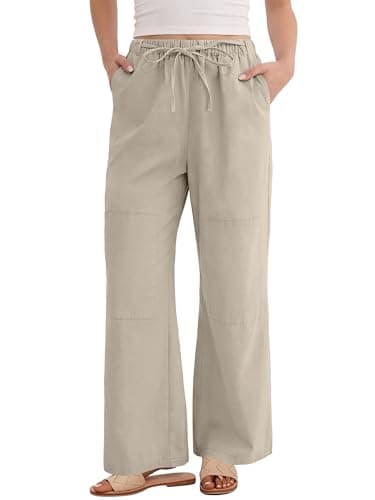 ANRABESS Women's Wide Leg Palazzo Pants Summer Elastic Waist Loose Casual Lounge Travel Pants Spring Trousers with Pockets Khaki Small - Image 1