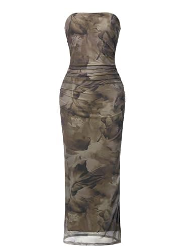 OutfitShow Womens Summer Bodycon Maxi Dresses 2026 Floral Strapless Tube Slit Ruched Mesh Cocktail Party Long Dress, Coffee Flower XL - Image 1