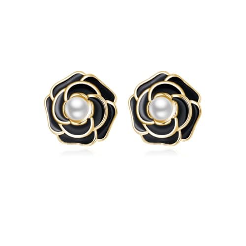 Reffeer Solid 925 Sterling Silver Flower Stud Earrings for Women Teen Girls Black Flower Stud Earrings Pearls (B-18K Gold) - Image 1
