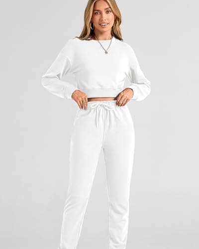 BTFBM Women 2 Piece Outfits Long Sleeve Crop Top Pullover Drawstring Pant Jogger Set Casual Sweatsuits Tracksuit Pockets(White, Large) - Thumbnail 3