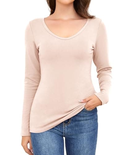 Ganado Long Sleeve Shirts for Women V Neck Thermal Shirt Layering Undershirts Plain Fitted Basic Tops (Beige, X-Large)
