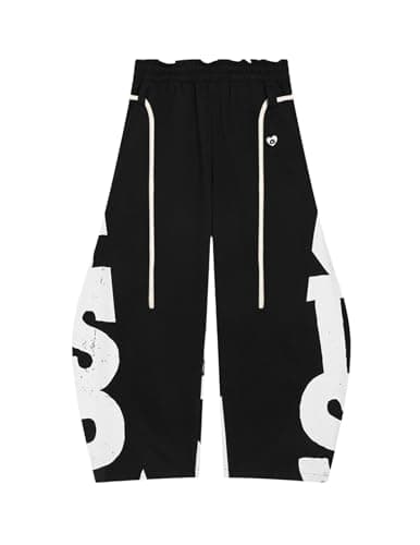 Aelfric Eden Print Baggy Barrel Sweatpants Wide Leg Pants for Women Men Casual Elastic Waist Unisex Graphic Lantern Trouser Black L