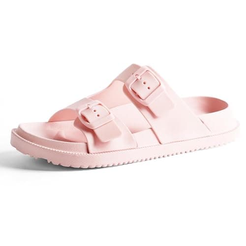 GETOEU Slides for Women and Men, Double Buckle Rubber Sandals with Arch Support, Pillow Slides Thick Cushion Non Slip Shower Shoes Comfort Beach Sandals,Pink - Image 1