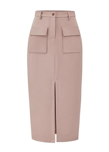 KIRUNDO Midi Skirts for Women Spring Summer High Waisted Cargo Trendy Pencil Slit Dressy Casual Business Work Long Skirt(Small, Beige) - Image 1