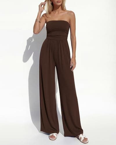 BTFBM Jumpsuits For Women Summer 2026 Beach Vacation Strapless Tube Top Jumpsuit Ruched Casual Wide Leg Pant Rompers(Brown, Large) - Thumbnail 6