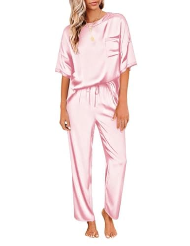 Ekouaer Womens Silk Satin Pajamas Set Two Piece Pj Sets Sleepwear Loungewear Short Sleeve Pj Sets Pink - Image 1