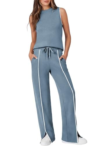 Casly Lamiit 2 Piece Sets for Women Travel Outfit Casual Sweatsuits Sleeveless Tank Top Wide Leg Pants Summer Sets Workout Clothing Blue Grey XS - Image 1