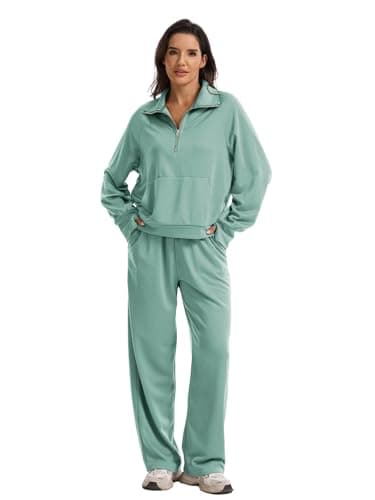 Anyshe Women's 2 Piece Sweatsuit Set Lounge Set Half Zip Sweatshirt with Kangaroo Pocket Thumb Holes Wide Leg Drawstring Pants Casual Tracksuit for Travel Daily Wear, Mint Green, Small - Thumbnail 5