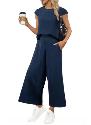 EVALESS 2 Piece Sets for Women Spring 2026 Vacation Outfits Beach Vacation Clothes Cap Sleeve Summer Tops Wide Leg Pants Matching Sets Women Clothing Cruise Outfits Navy Blue Small - Image 1