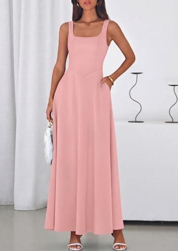 PRETTYGARDEN Womens Summer Dresses 2026 Sleeveless Elegant Square Neck Aline Swing Maxi Beach Wedding Guest Dress Pockets (Pink,Large) - Thumbnail 3