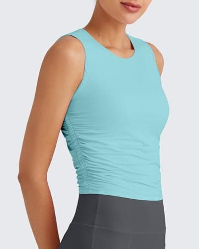 G4Free Women's Crop Athletic Tank Tops High Neck Workout Tanks Ruched Side Slim Fit Yoga Top for Gym Running Fitness(Light Blue,L) - Thumbnail 2