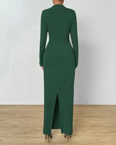 BTFBM Women Bodycon Maxi Dress Long Sleeve Back Slit Ruched Elegant Party Cocktail Formal Fall Wedding Guest Dresses(Dark Green, Medium) - Thumbnail 3