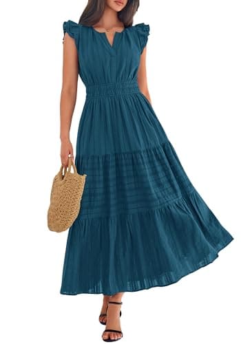 BTFBM Womens Summer Maxi Dress 2026 Spring Boho Vacation Ruffle Flutter Short Sleeve A Line Tiered Flowy Dresses Pockets(Lake Blue, Large) - Thumbnail 4