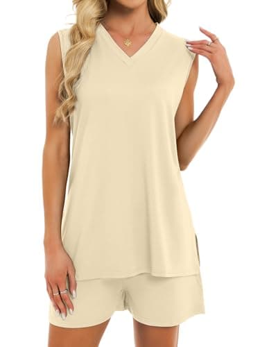 VUTRU Outfits For Womens Short Set 2 Piece Summer Matching V Neck Tank Top and Shorts with Pockets Lounge Beach Vacation Casual Beige XL - Image 1