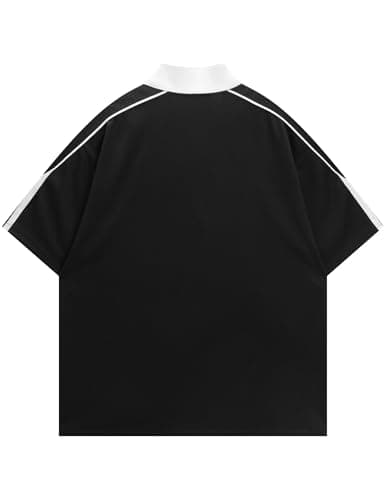 Aelfric Eden Mens Oversized Polo Tee Button Collar Vintage Letter Graphic Patchwork T Shirts Short Sleeve Summer Tops Black - Thumbnail 2