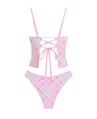 ZAFUL Tankini Swimsuits for Women Sexy Retro Y2K Two Piece Bathing Suit Cute High Leg Crop Tankini Sets, Plaid Pink, XL - Thumbnail 4