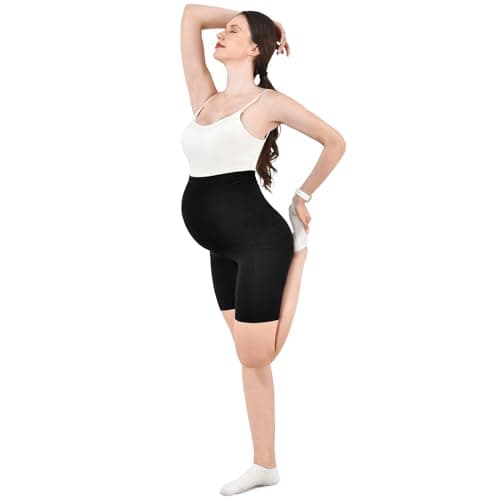 Walifrey Women's Maternity Shorts with Pockets Over The Belly,Pregnancy Yoga Pants Activewear Biker Shorts Casual Black L - Thumbnail 6