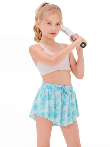 Stelle Girls Flowy Shorts with Pockets Athletic Running High Waist Butterfly 2 in 1 Shorts (Blue Meadow,M) - Image 1