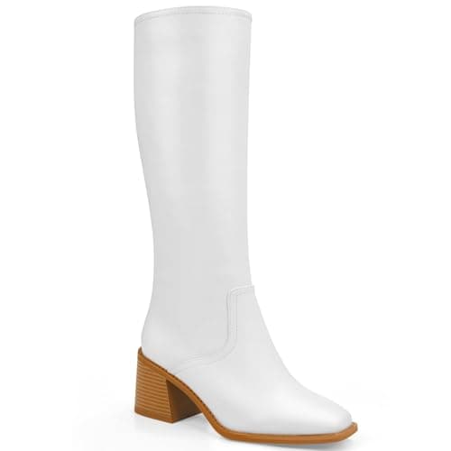 Quorvash Knee High Boots Women - Long Elastic Faux Leather Boots Tall Square Toe Chunky Block High Heel Shoes with Side Zipper White 10 - Image 1