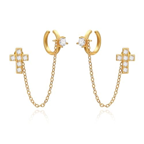 Cicy Bell 18k Gold Ear Cuff Cross Stud Chain Earrings for Women Dainty Cubic Zirconia Tassel Drop Dangle Small Hoop Clip On Climber Crawler Earrings Jewelry Gifts Birthday - Image 1